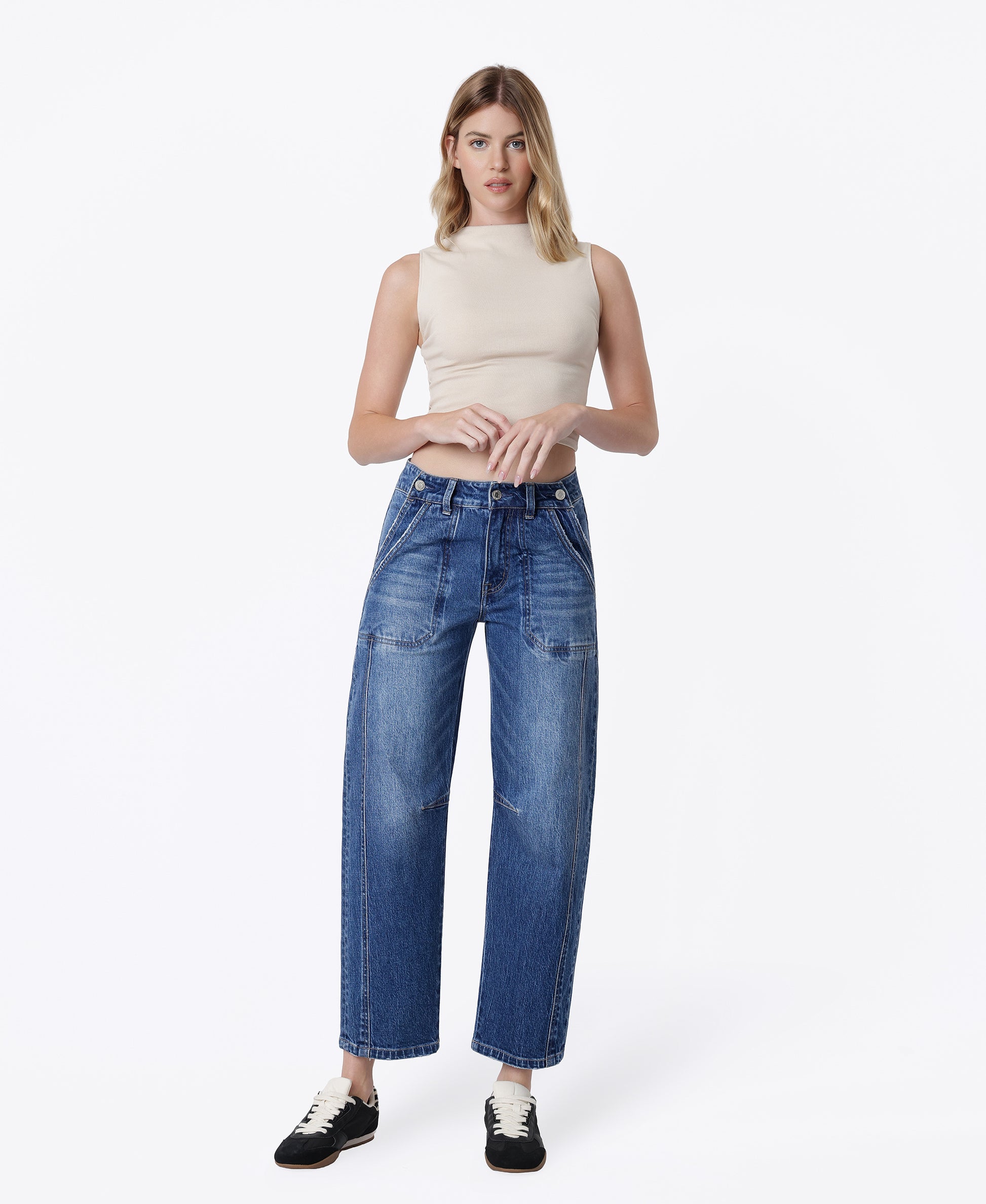 Front product images of Embolden - High Rise Side Button Double Pockets Barrel Jeans