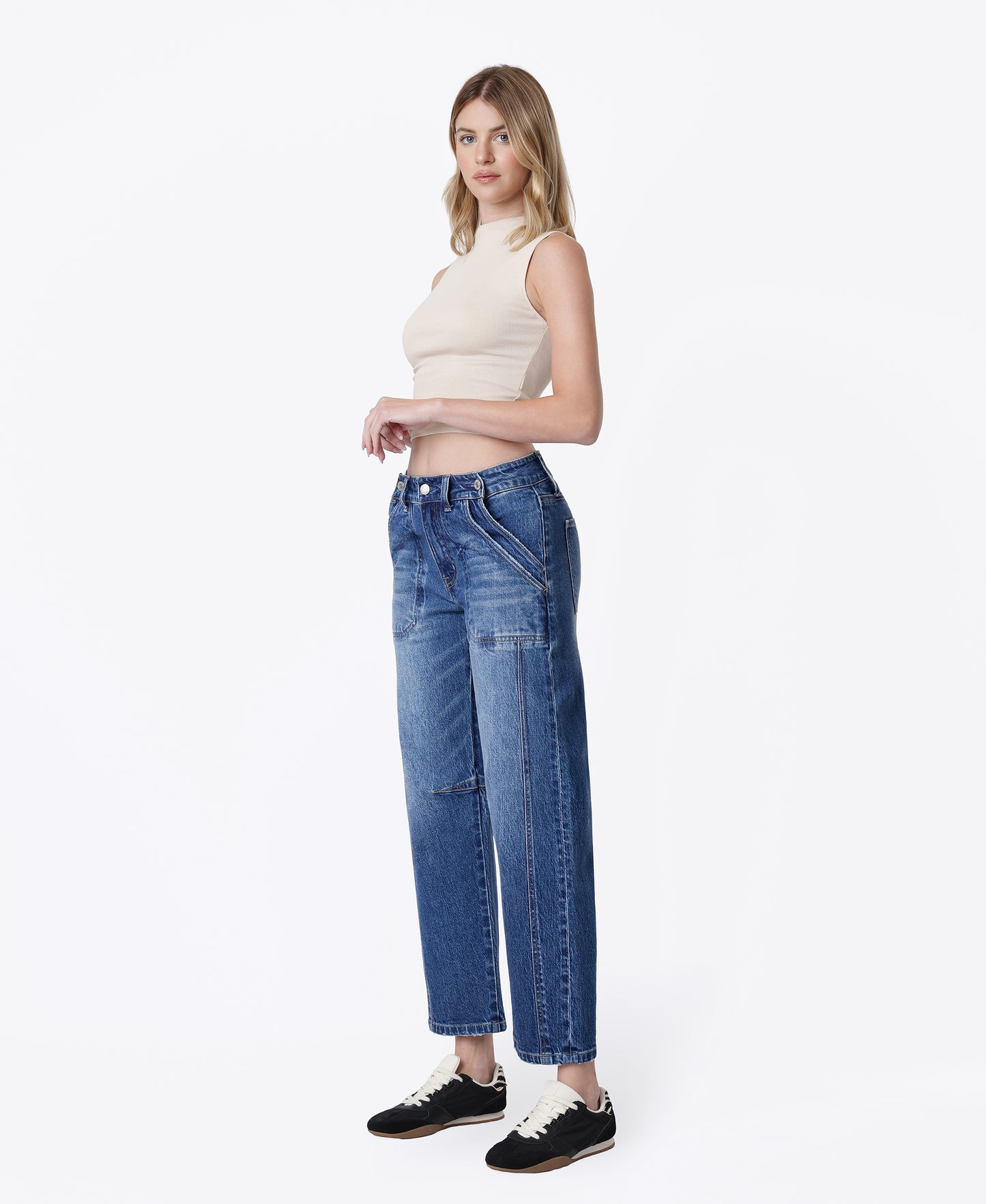 Left 45 degrees product image of Embolden - High Rise Side Button Double Pockets Barrel Jeans