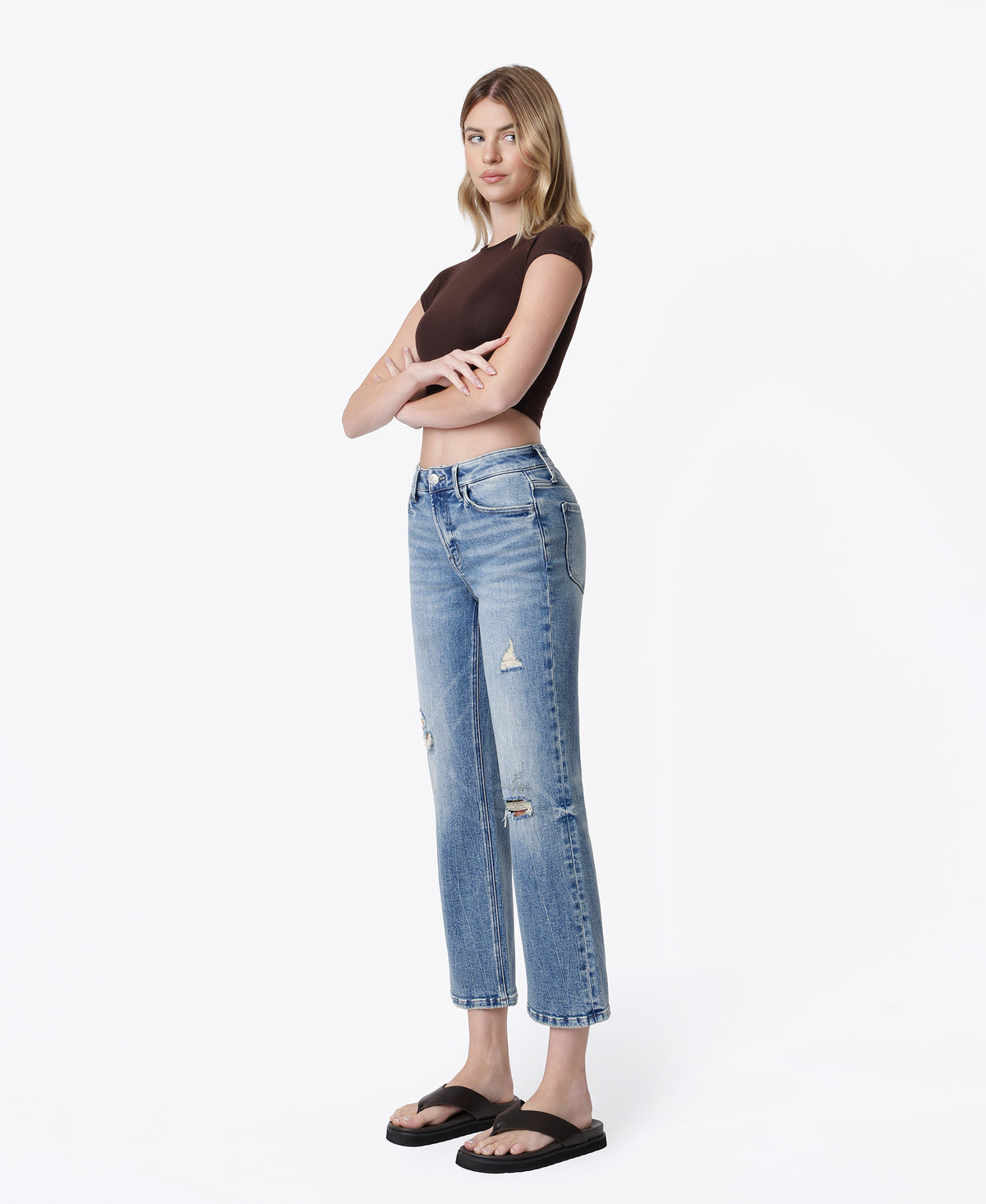 Left 45 degrees product image of Soulful - High Rise Distressed Tinted Crop Straight Jeans