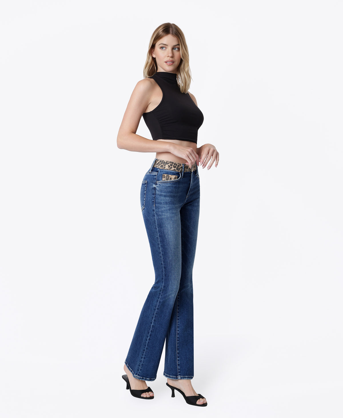 Right 45 degrees product image of Leopard - High Rise Leopard Print Waistband Bootcut Jeans