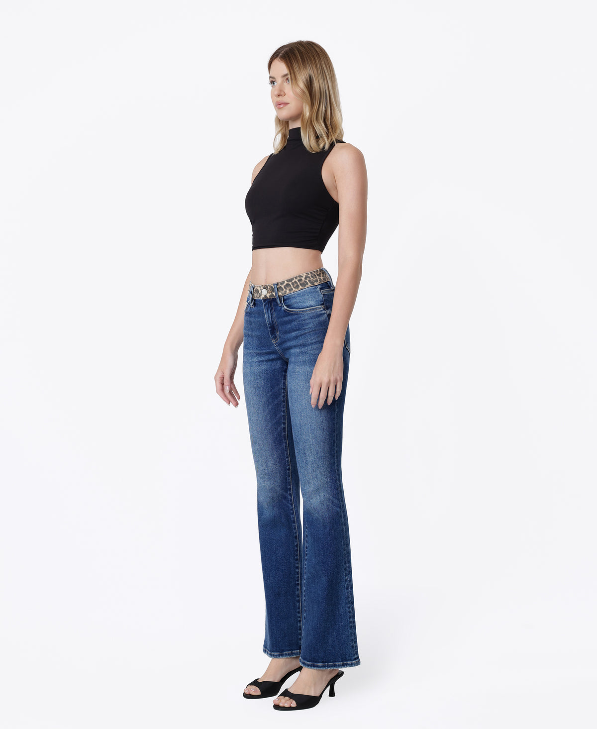 Left 45-degree product image of Leopard - High Rise Leopard Print Waistband Bootcut Jeans