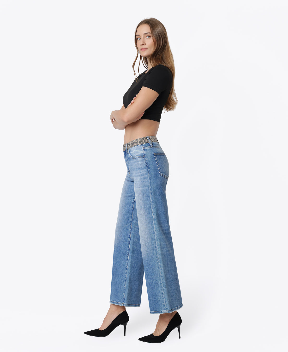 Left side product images of Leopard - High Rise Leopard Print Waistband Ankle Wide Leg Jeans