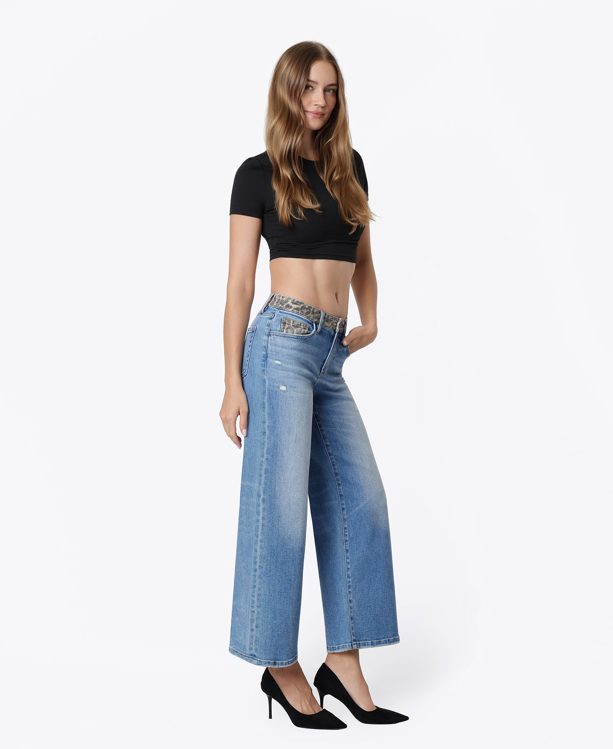 Right 45 degrees product image of  Leopard - High Rise Leopard Print Waistband Ankle Wide Leg Jeans