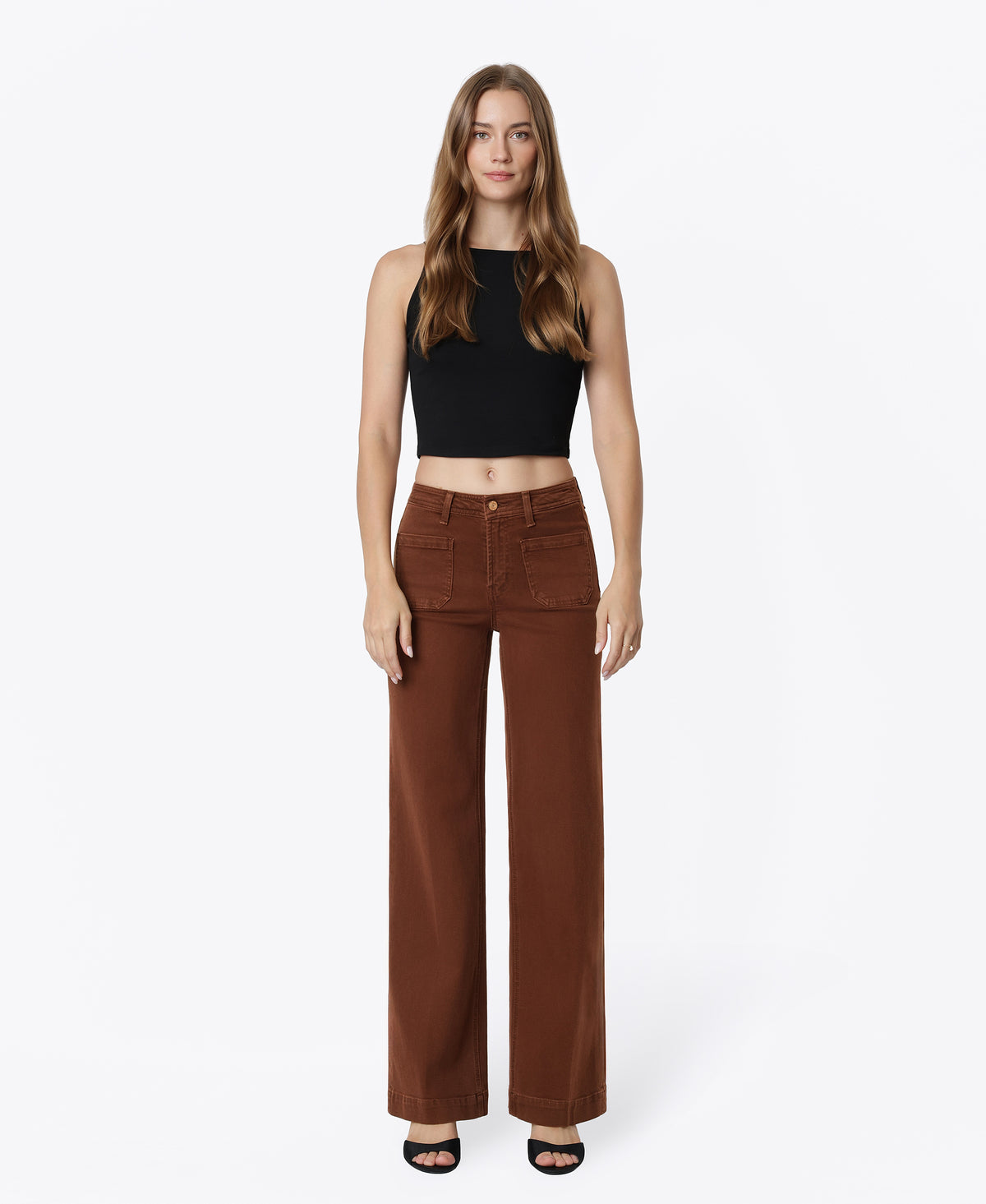 Front product images of Chocolate Fondant - High Rise Patch Pocket Trouser Fold Wide Leg Jeans