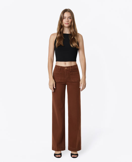 Front product images of Chocolate Fondant - High Rise Patch Pocket Trouser Fold Wide Leg Jeans