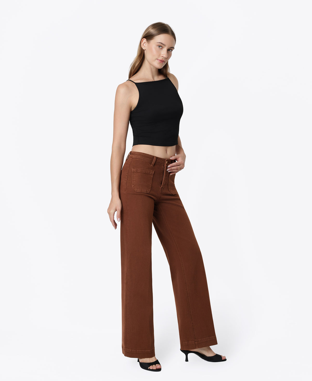 Right 45 degrees product image of Chocolate Fondant - High Rise Patch Pocket Trouser Fold Wide Leg Jeans