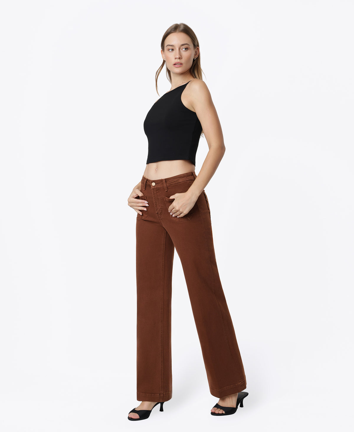 Left 45-degree product image of Chocolate Fondant - High Rise Patch Pocket Trouser Fold Wide Leg Jeans