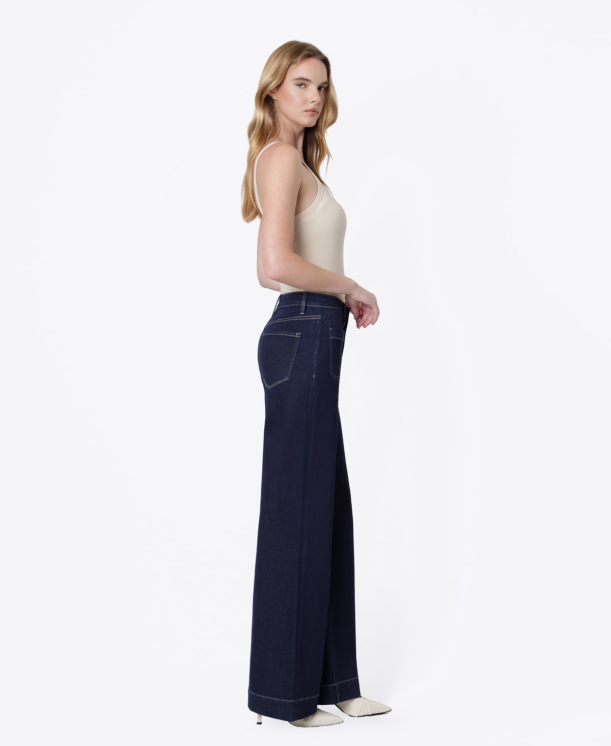 Right side product images of Dark Rinse - High Rise Patch Pocket Trouser Wide Leg Jeans