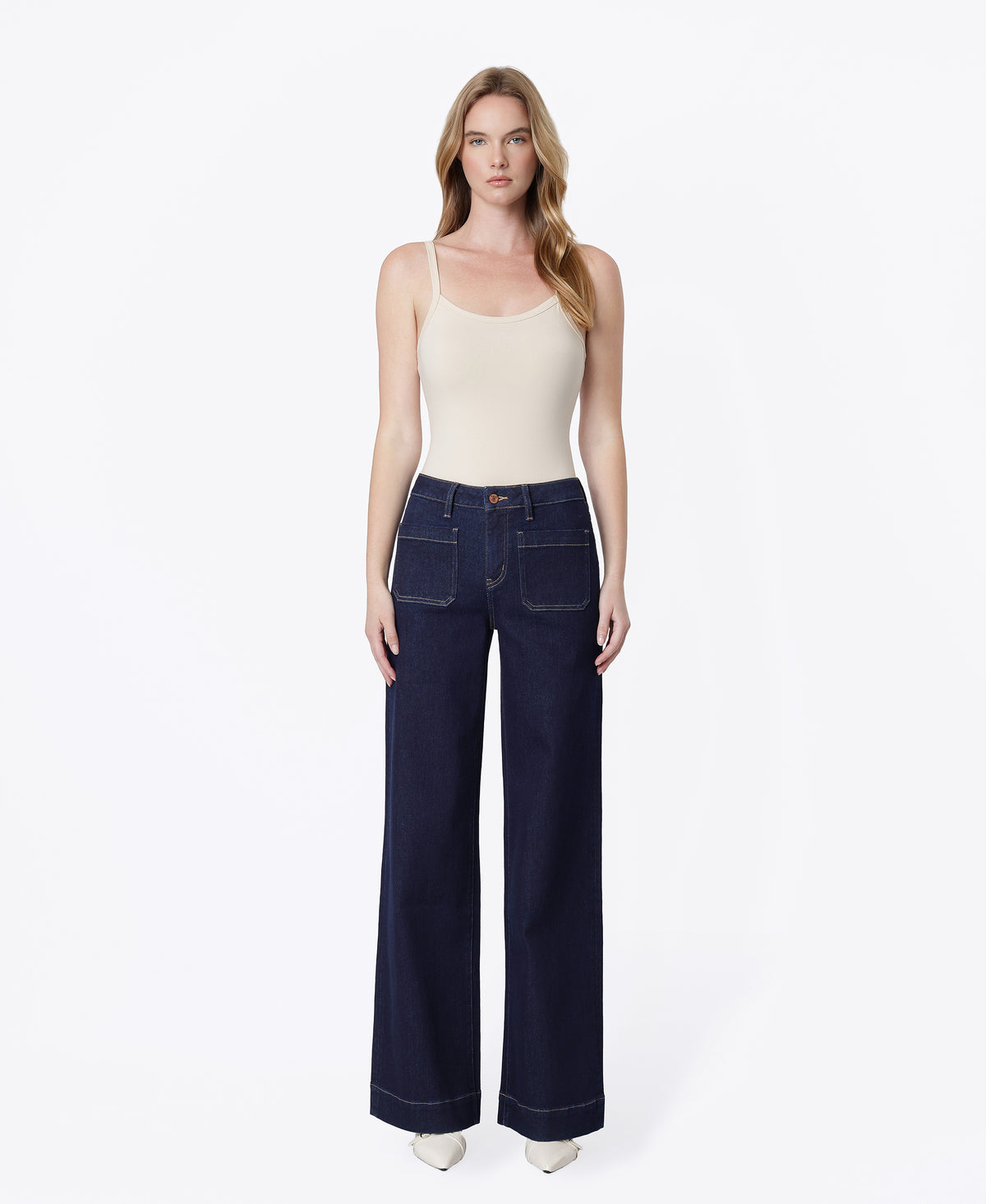 Front product images of Dark Rinse - High Rise Patch Pocket Trouser Wide Leg Jeans
