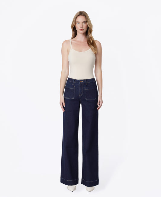 Front product images of Dark Rinse - High Rise Patch Pocket Trouser Wide Leg Jeans
