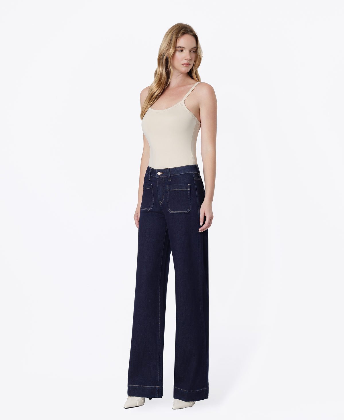 Left 45 degrees product image of Dark Rinse - High Rise Patch Pocket Trouser Wide Leg Jeans