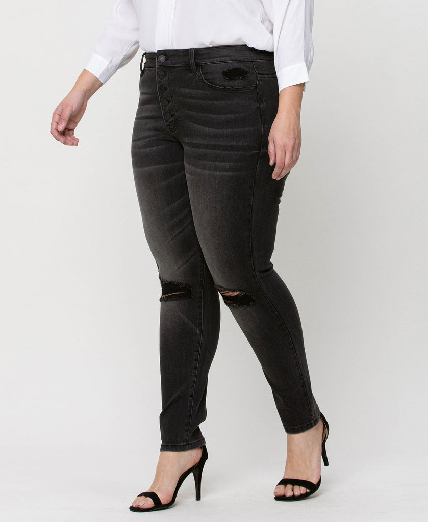 Left 45 degrees product image of York - Plus High Rise Distressed Button Fly Ankle Skinny Denim Jeans