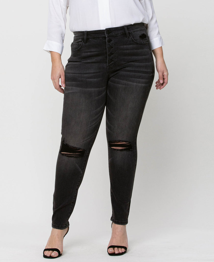 Front product images of York - Plus High Rise Distressed Button Fly Ankle Skinny Denim Jeans