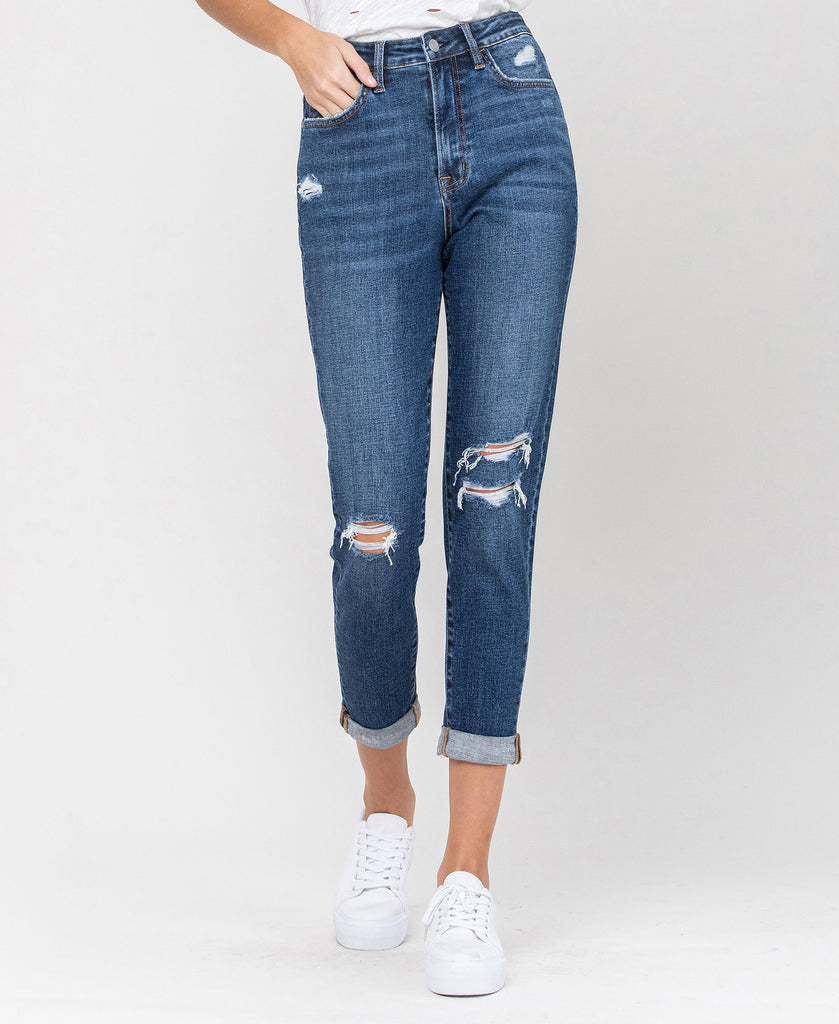 Front product images of Lock Yard - Distressed Roll Up Stretch Mom Jeans