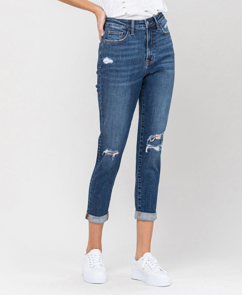 Right 45 degrees product image of Lock Yard - Distressed Roll Up Stretch Mom Jeans