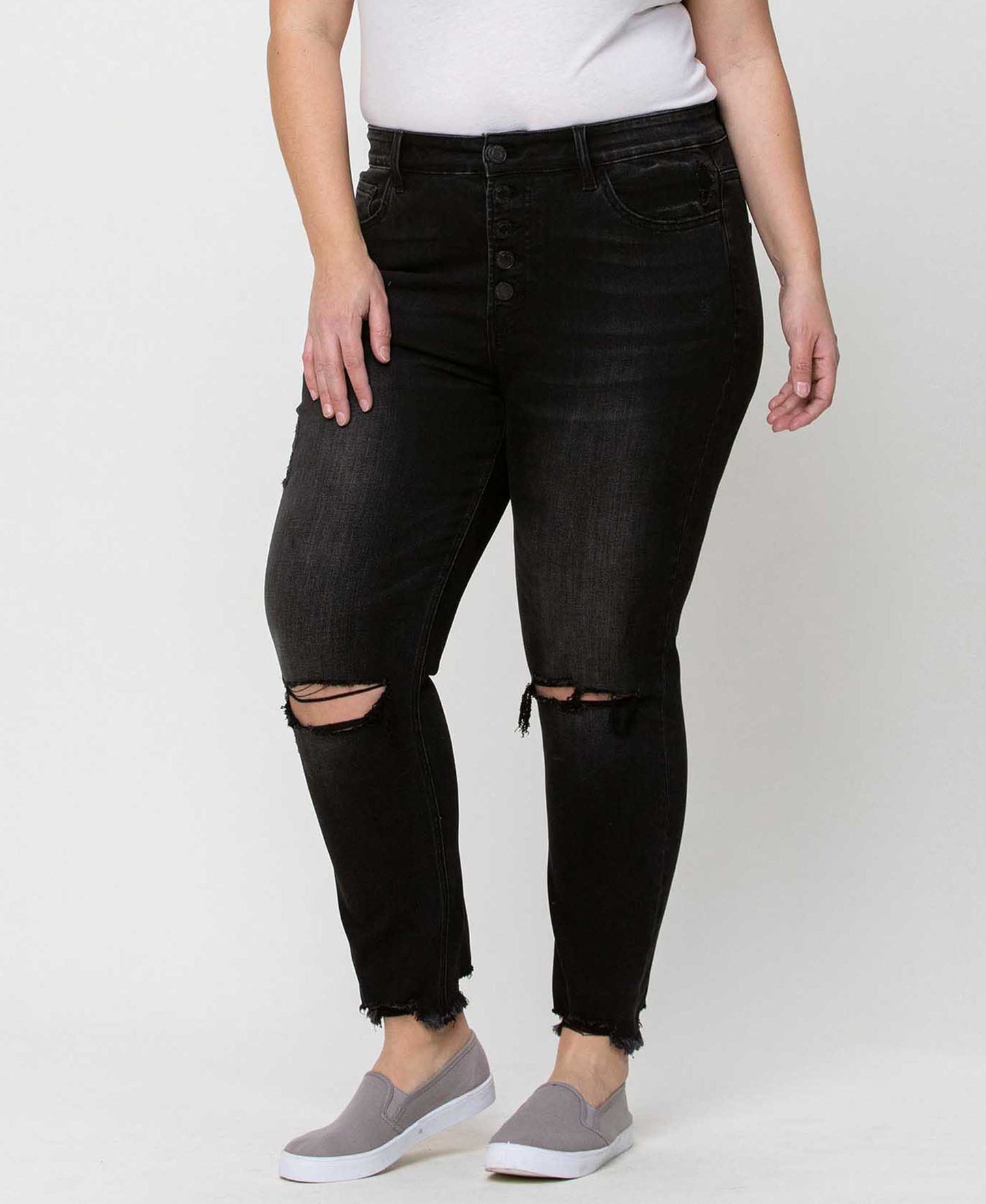 Night Reflection - Plus High Rise Button Fly Distressed Crop Skinny Jeans