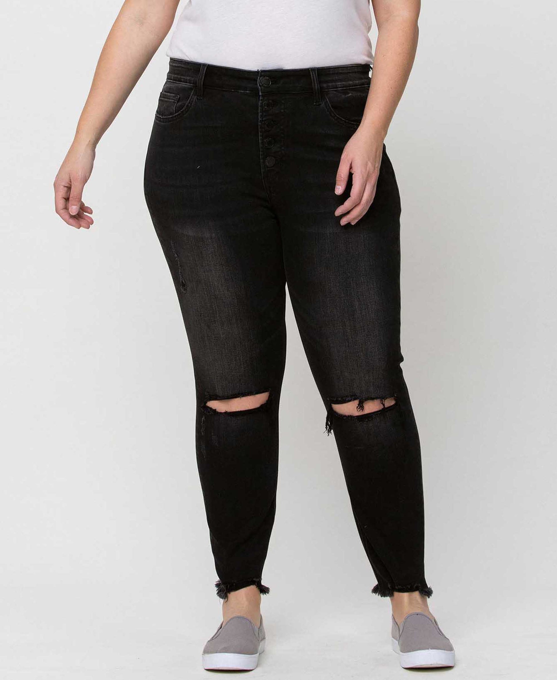 Night Reflection - Plus High Rise Button Fly Distressed Crop Skinny Jeans