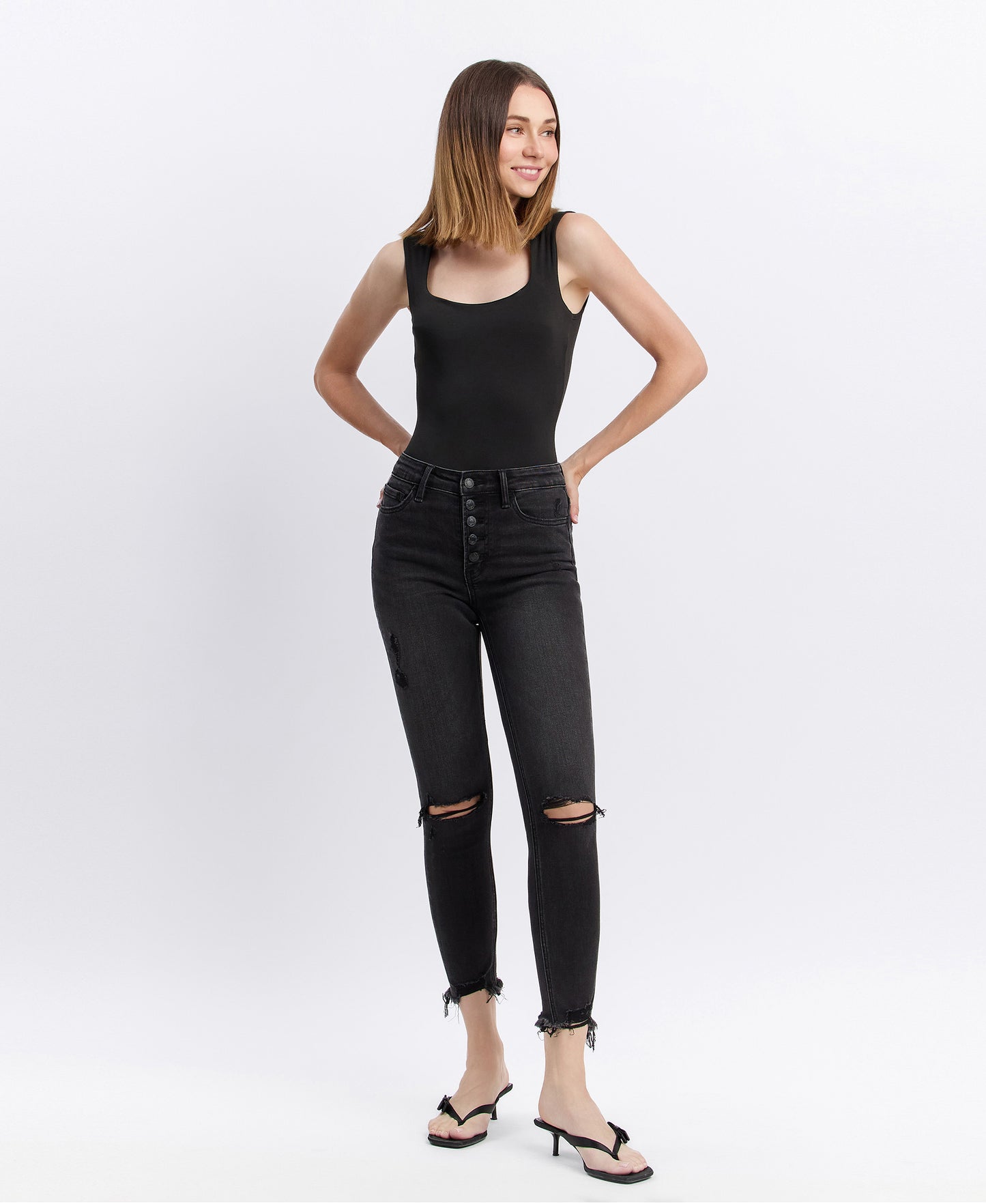 Front product images of Night Reflection - High Rise Button Fly Distressed Crop Skinny Jeans