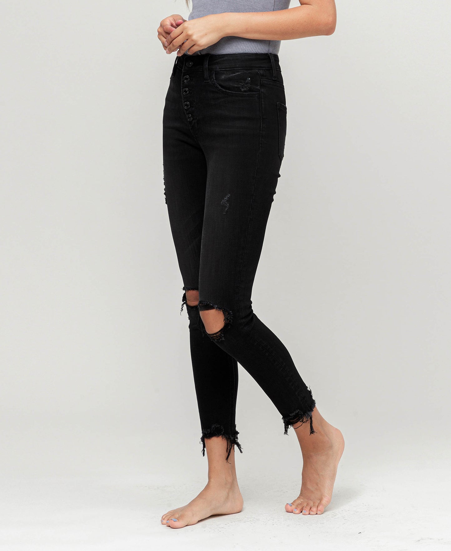 Left 45 degrees product image of Night Reflection - High Rise Button Fly Distressed Crop Skinny Jeans