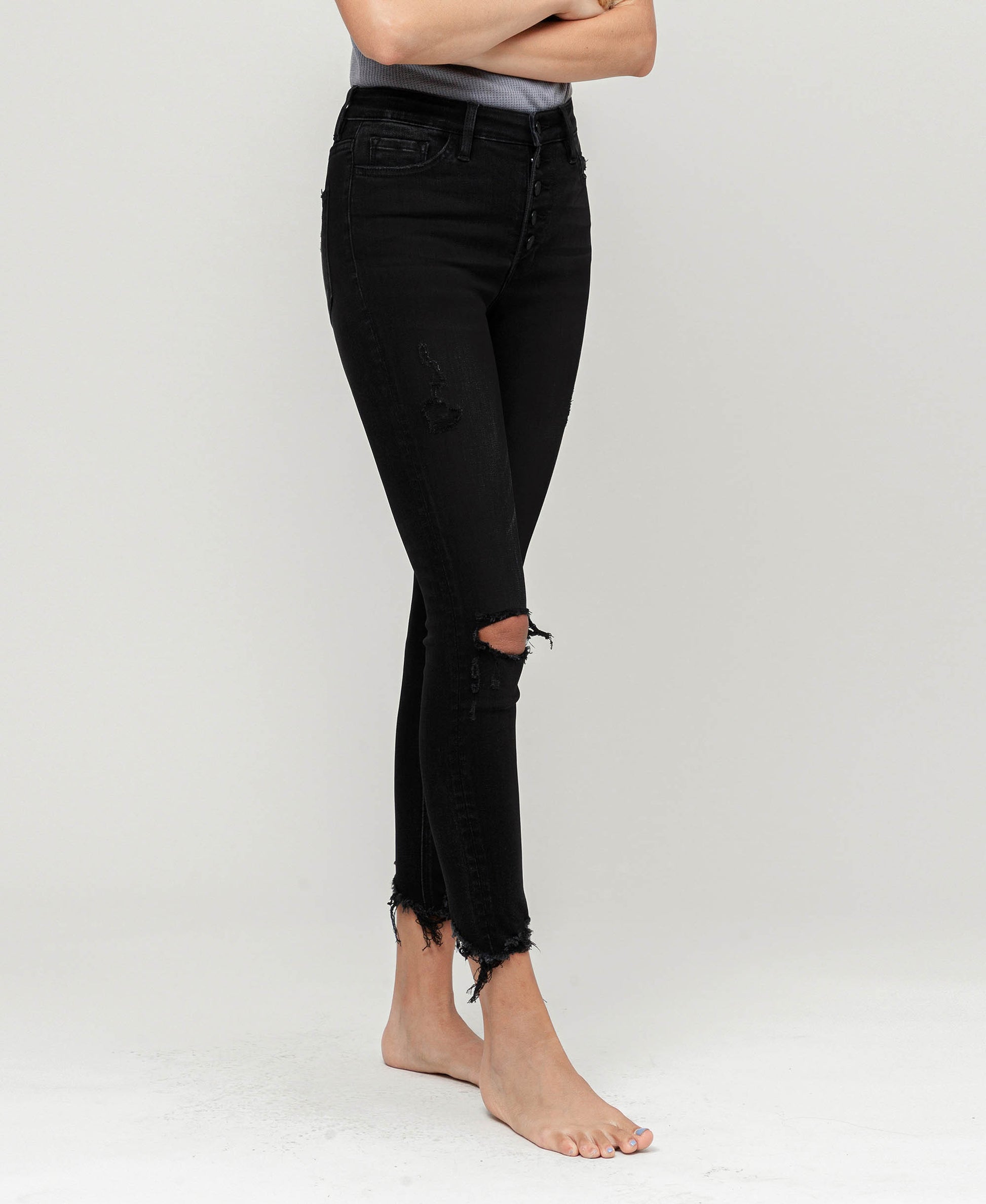 Right 45 degrees product image of Night Reflection - High Rise Button Fly Distressed Crop Skinny Jeans