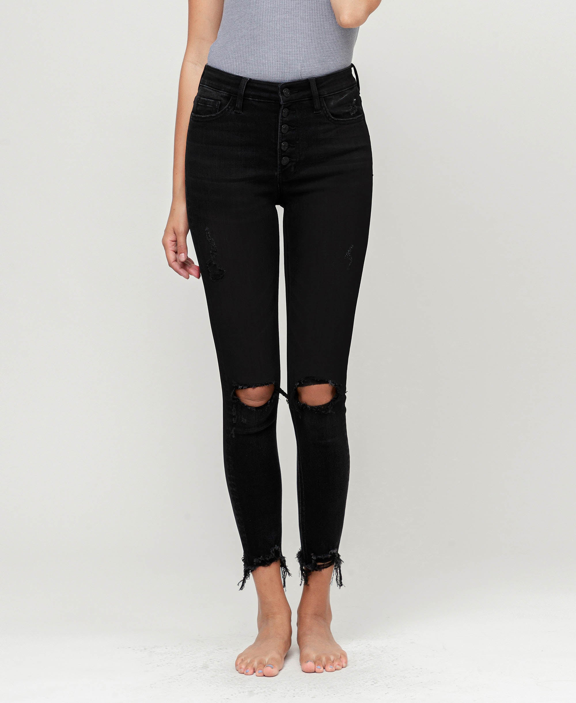 Button fly black skinny fashion jeans