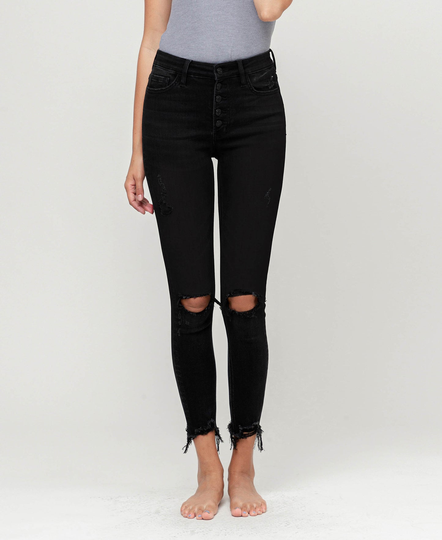 Front product images of Night Reflection - High Rise Button Fly Distressed Crop Skinny Jeans