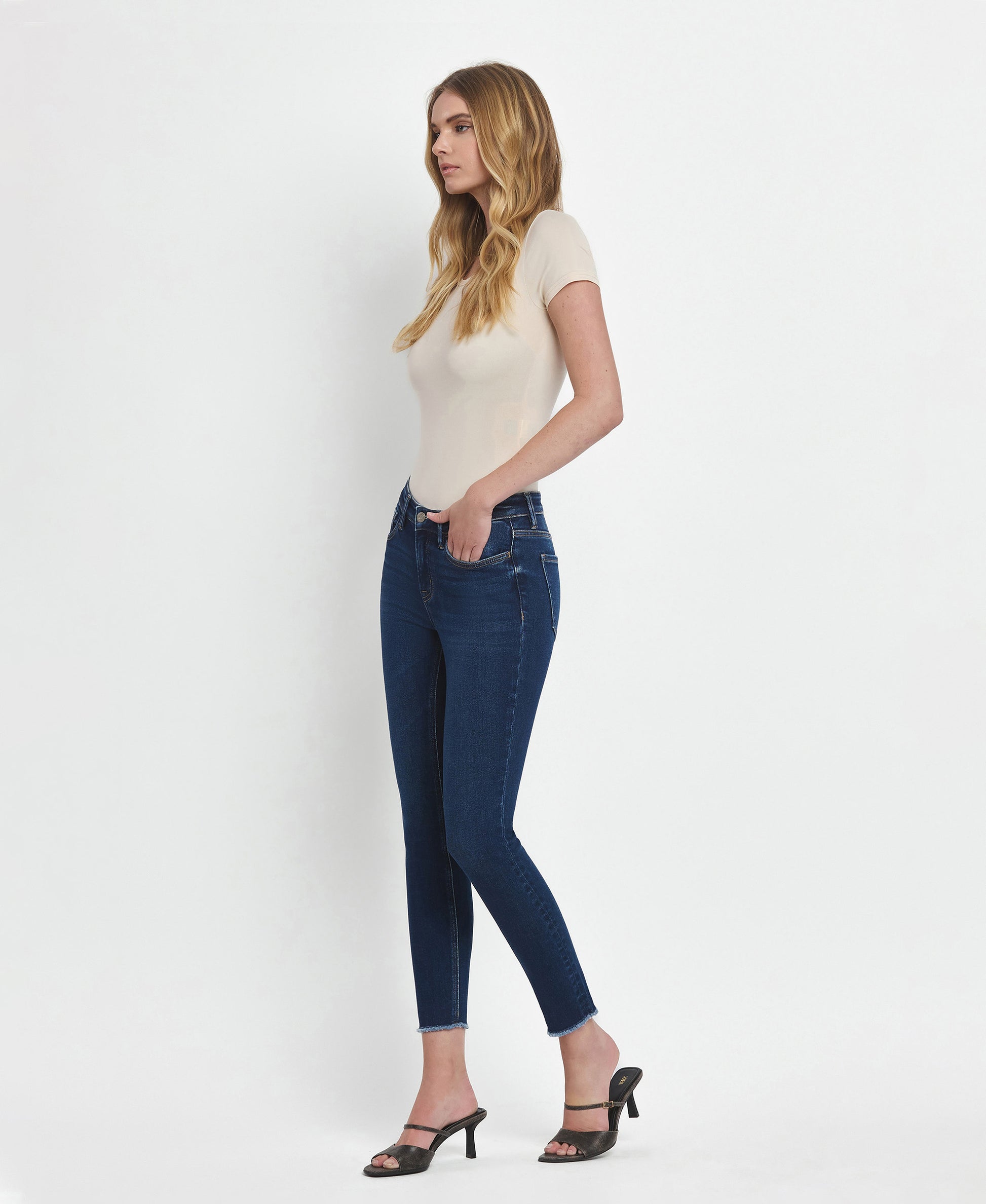 Left 45 degrees product image of Emerson - Mid Rise Raw Hem Crop Skinny Jeans