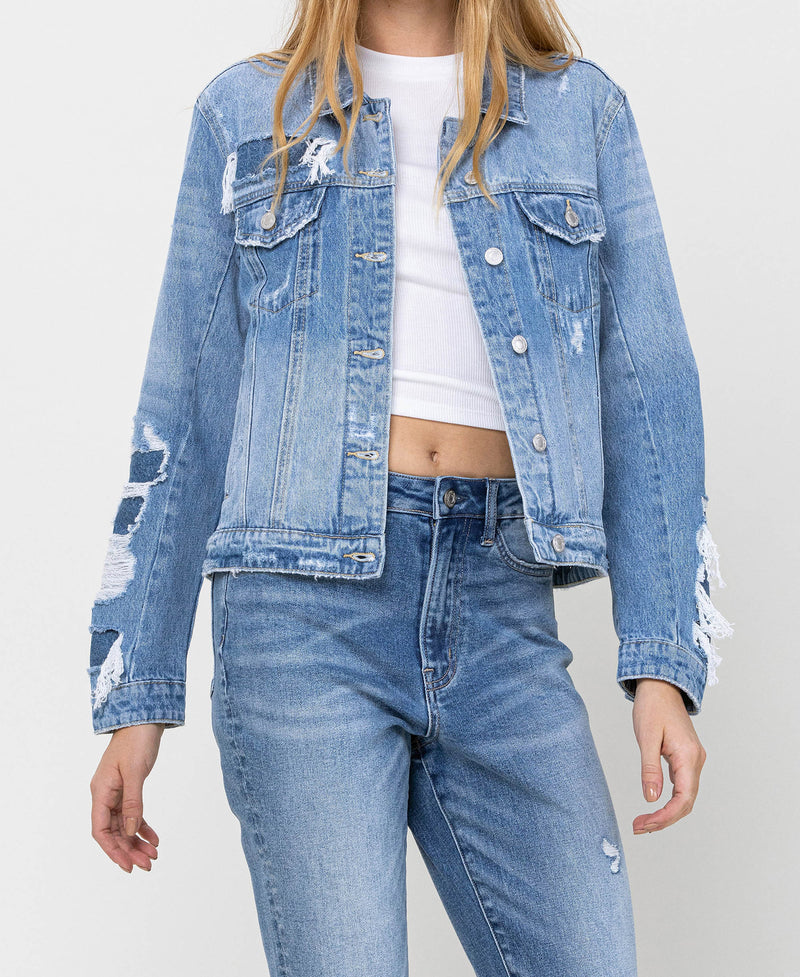 Zara Woman Denim Jacket Sz Medium Blue 100% Cotton Lace Up Back Distressed  | eBay