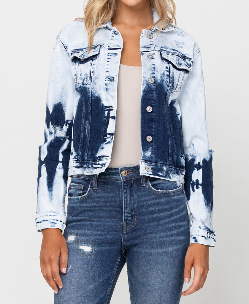 Front product images of Second Wind - Stretch Classic Crop Denim Jacket with Tie Dye