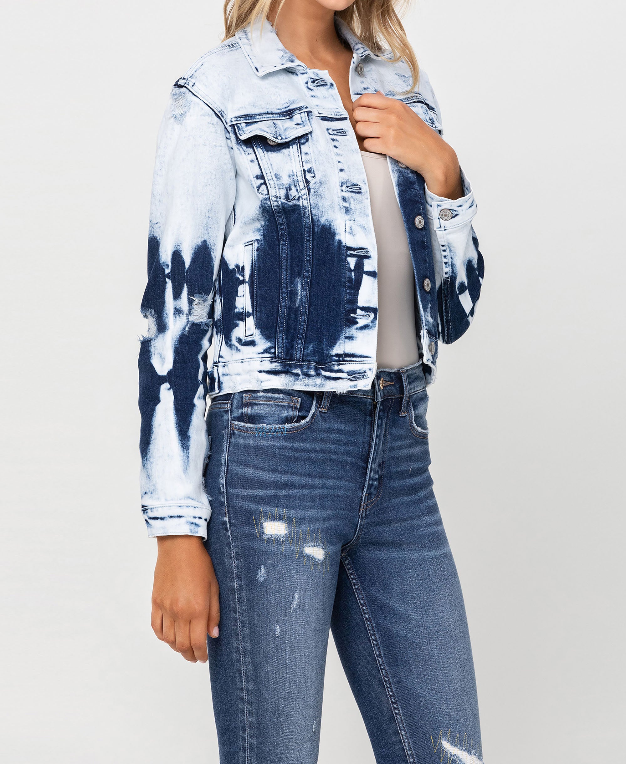 VERVET Second Wind Stretch Classic Crop Denim Jacket with Tie Dye