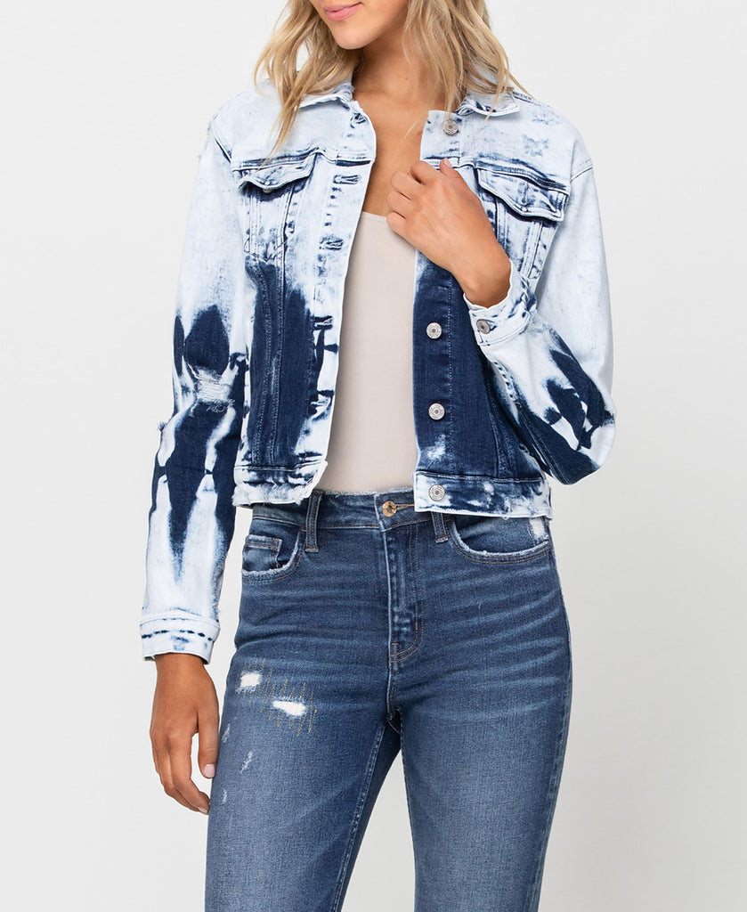 Left 45 degrees product image of Second Wind - Stretch Classic Crop Denim Jacket with Tie Dye