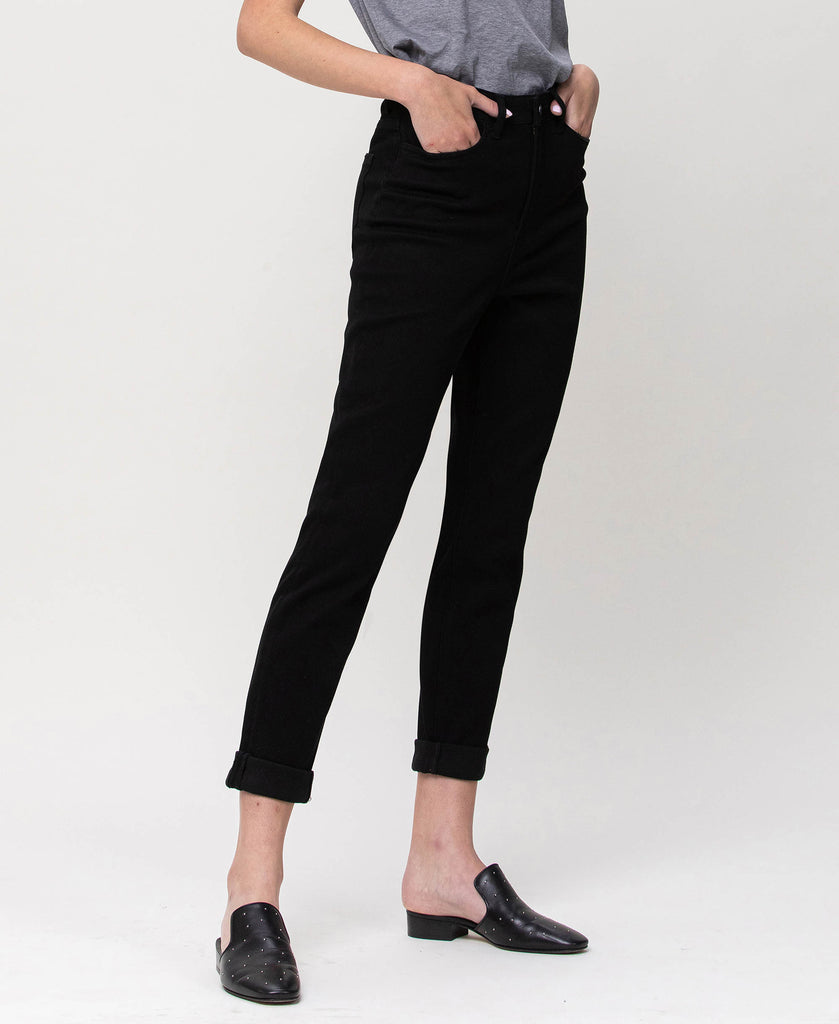 Right 45 degrees product image of Jet Black - Stretch Mom Jeans with Double Cuff