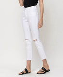 Left 45 degrees product image of Optic White - High Rise Slim Straight Cropped Denim Jeans with Raw Hem