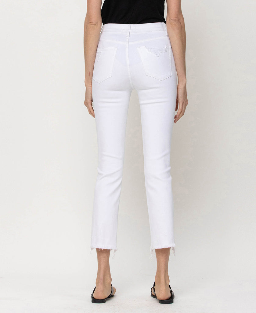 Back product images of Optic White - High Rise Slim Straight Cropped Denim Jeans with Raw Hem