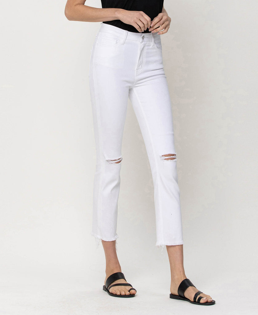 Right 45 degrees product image of Optic White - High Rise Slim Straight Cropped Denim Jeans with Raw Hem