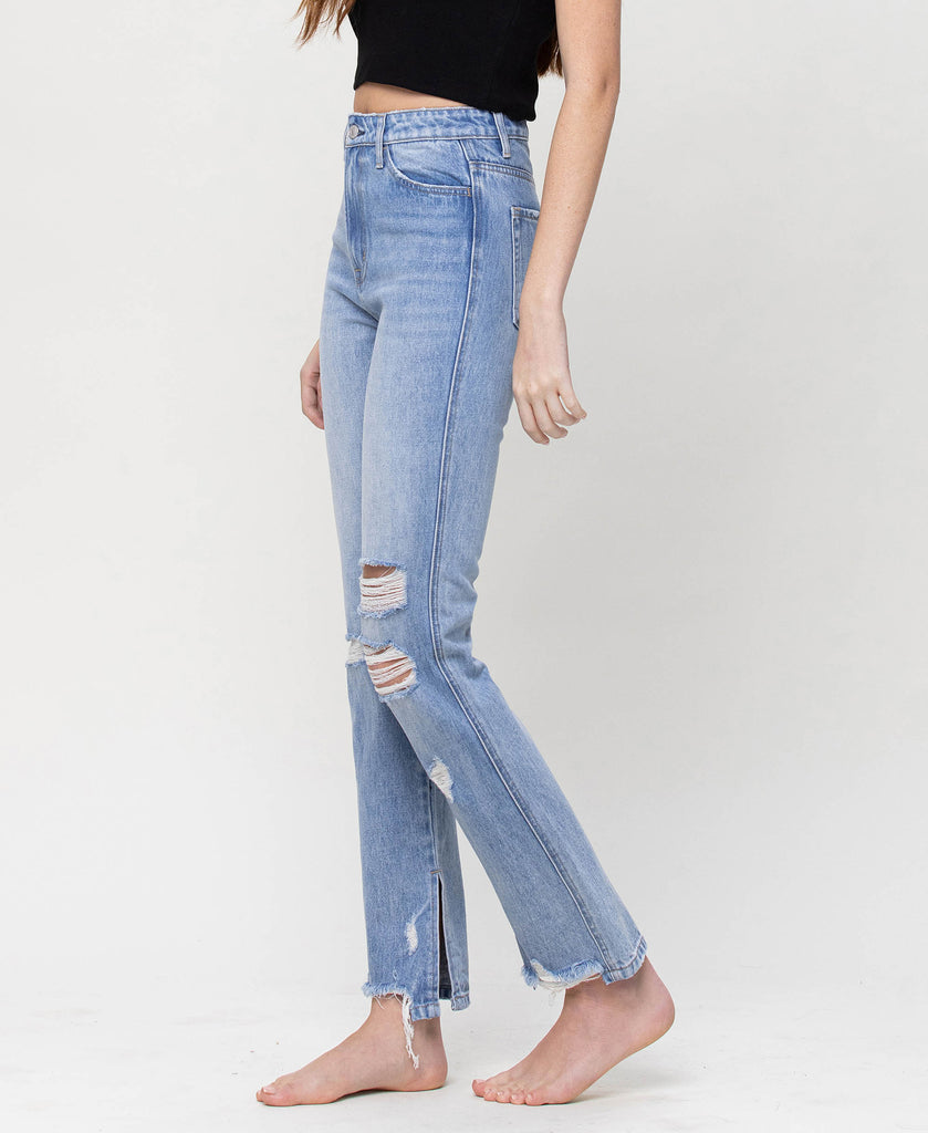 Left side product images of True Breeze - Super High Rise Straight Ankle Jeans with Slit Detail