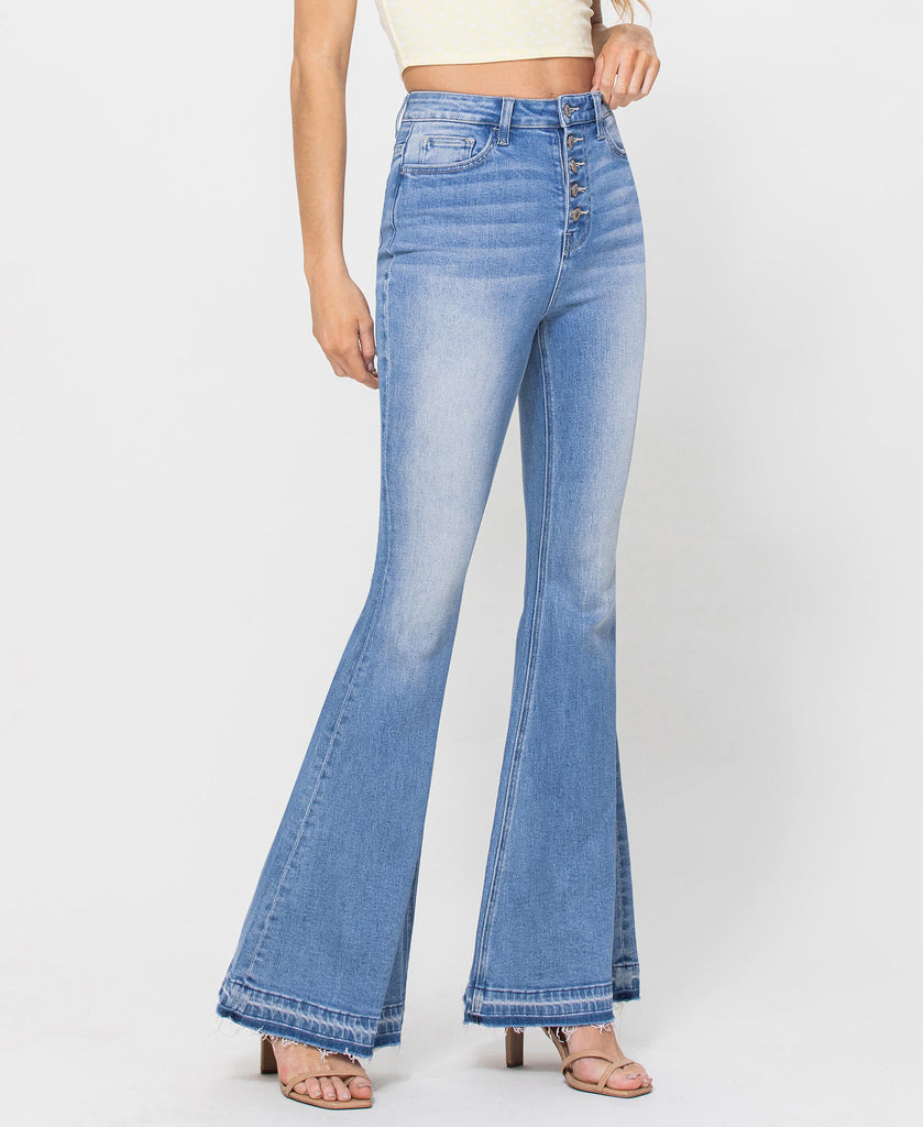 Right 45 degrees product image of Valentine - Button Up Super High Rise Flare Jeans with Undo Hem