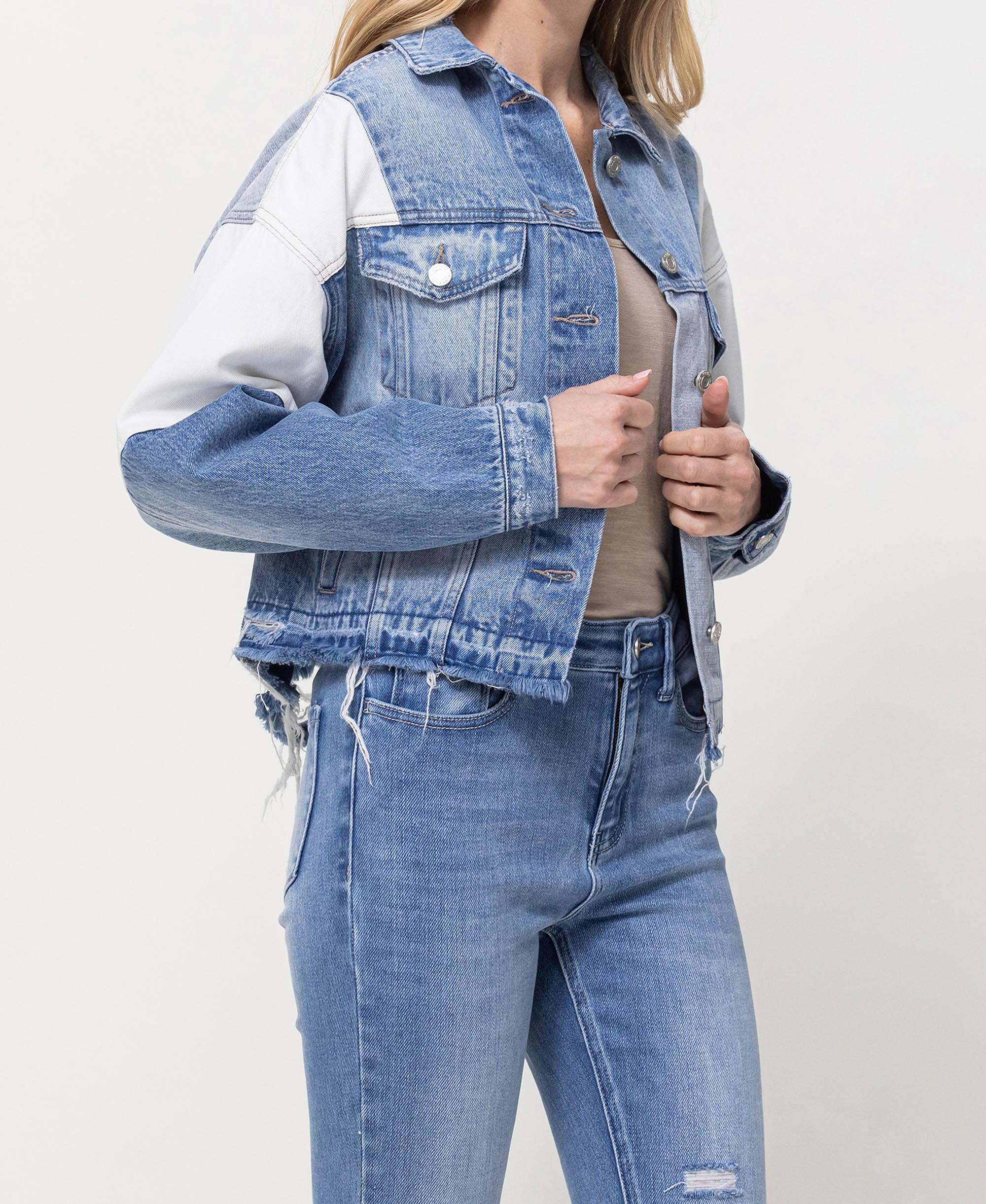 Oversized cropped distressed denim jacket best sale