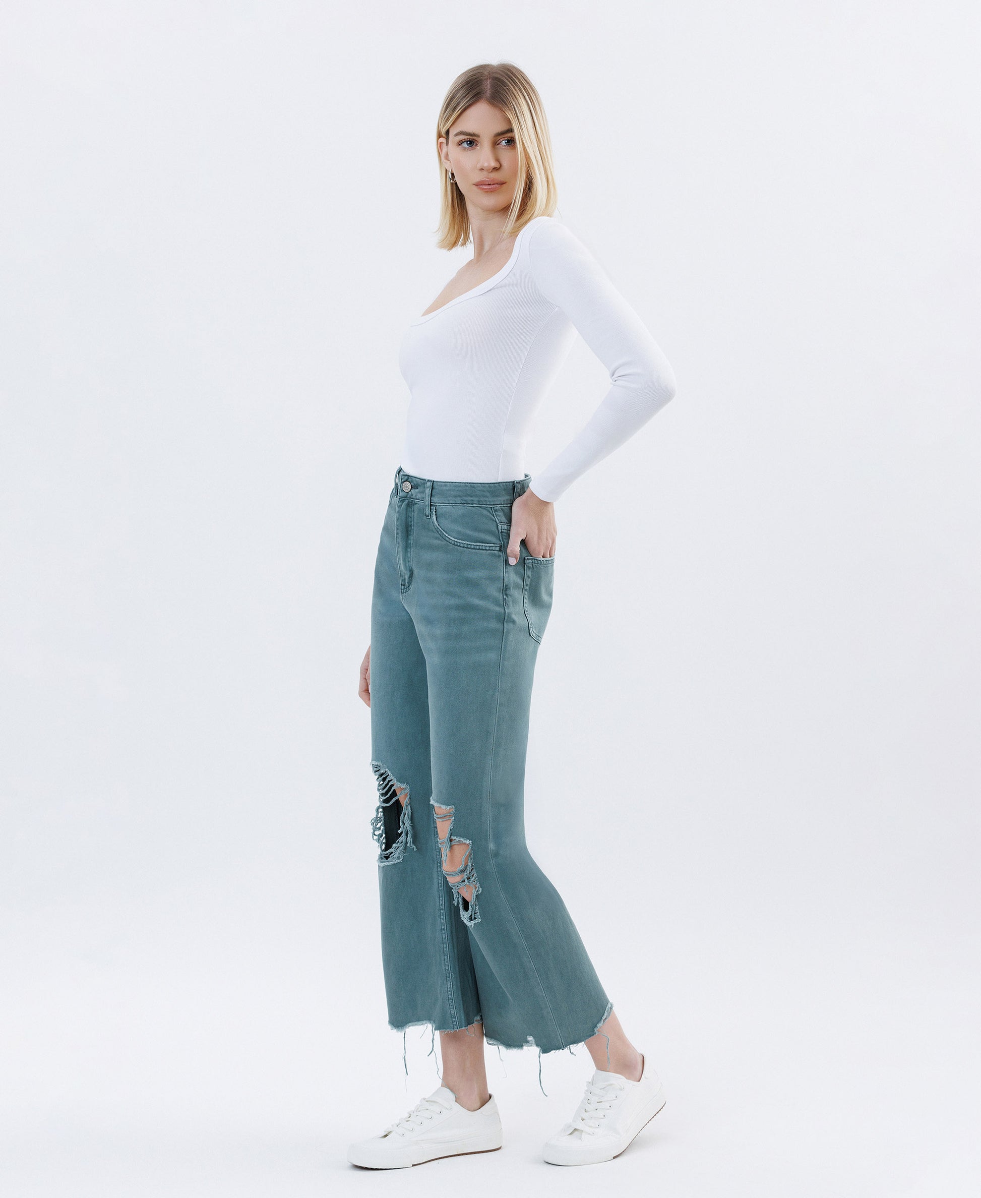 Left 45 degrees product image of Mallard Green - Super High Rise 90s Vintage Crop Flare Jeans