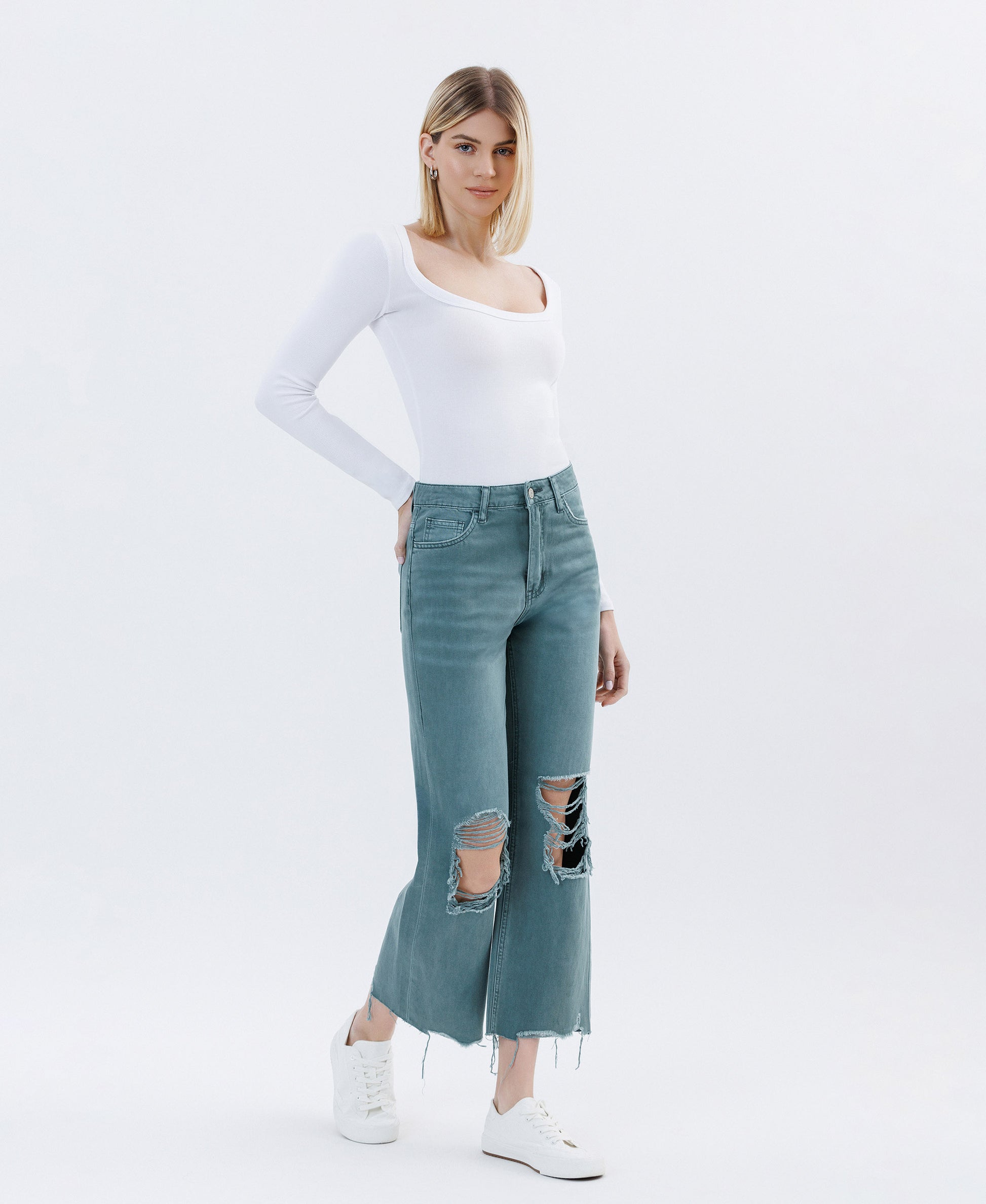 Right 45 degrees product image of Mallard Green - Super High Rise 90s Vintage Crop Flare Jeans