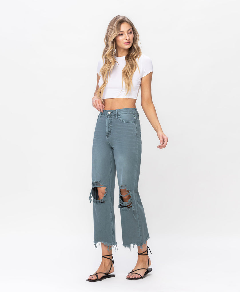 Left 45 degrees product image of Mallard Green - Super High Rise 90s Vintage Crop Flare Jeans