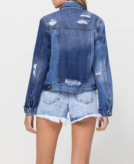 Back product images of Fortunate - Distressed Classic Fit Crop Jacket W Contrast Fabric