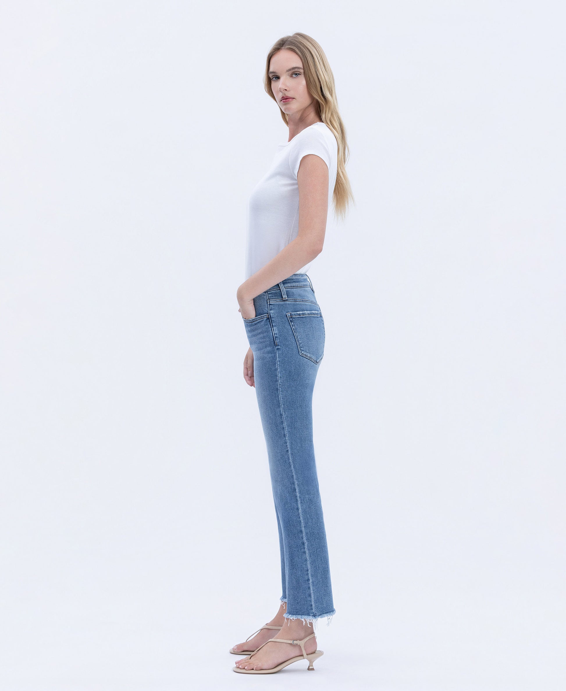 Left side product images of Five Steps to Heaven - Mid Rise Raw Hem Crop Straight Jeans