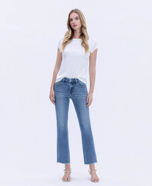 Front product images of Five Steps to Heaven - Mid Rise Raw Hem Crop Straight Jeans