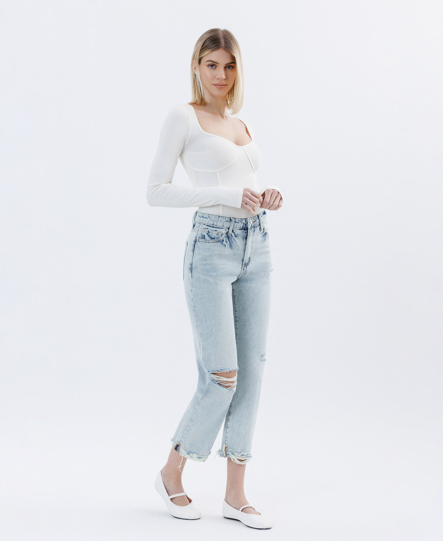 Right 45 degrees product image of Minor Mishap - Super High Rise Relaxed Cuffed Straight Jeans