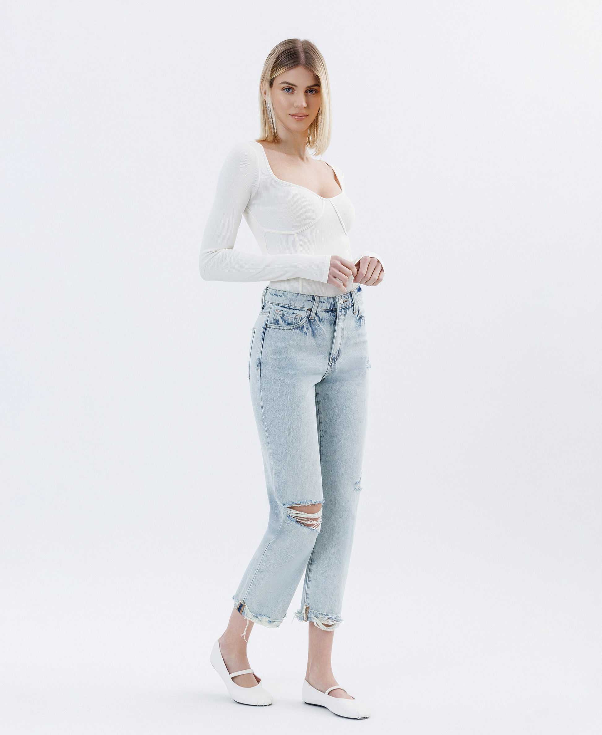 Right 45 degrees product image of Minor Mishap - Super High Rise Relaxed Cuffed Straight Jeans