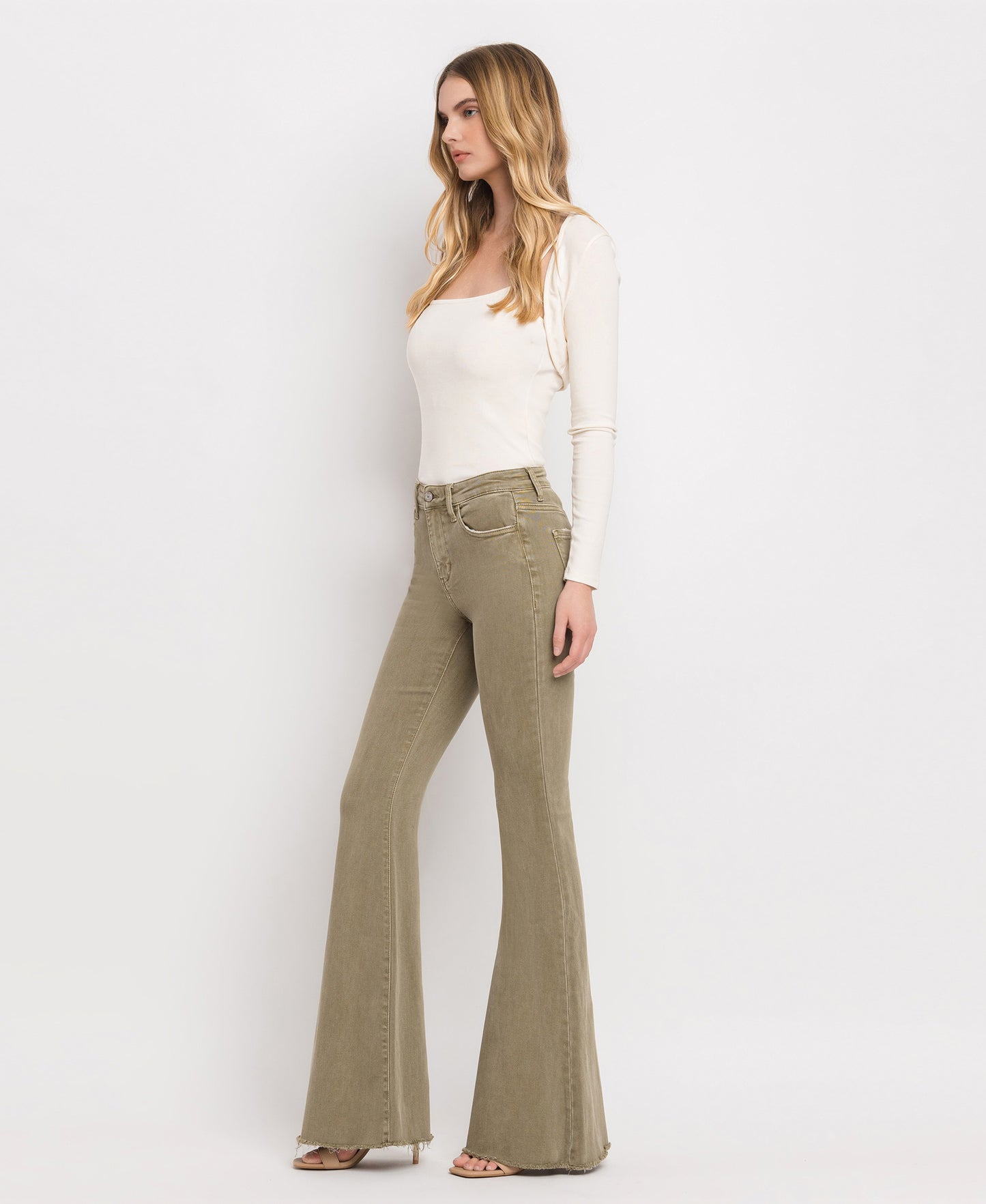 Left 45 degrees product image of Covert Green - High Rise Super Flare Jeans
