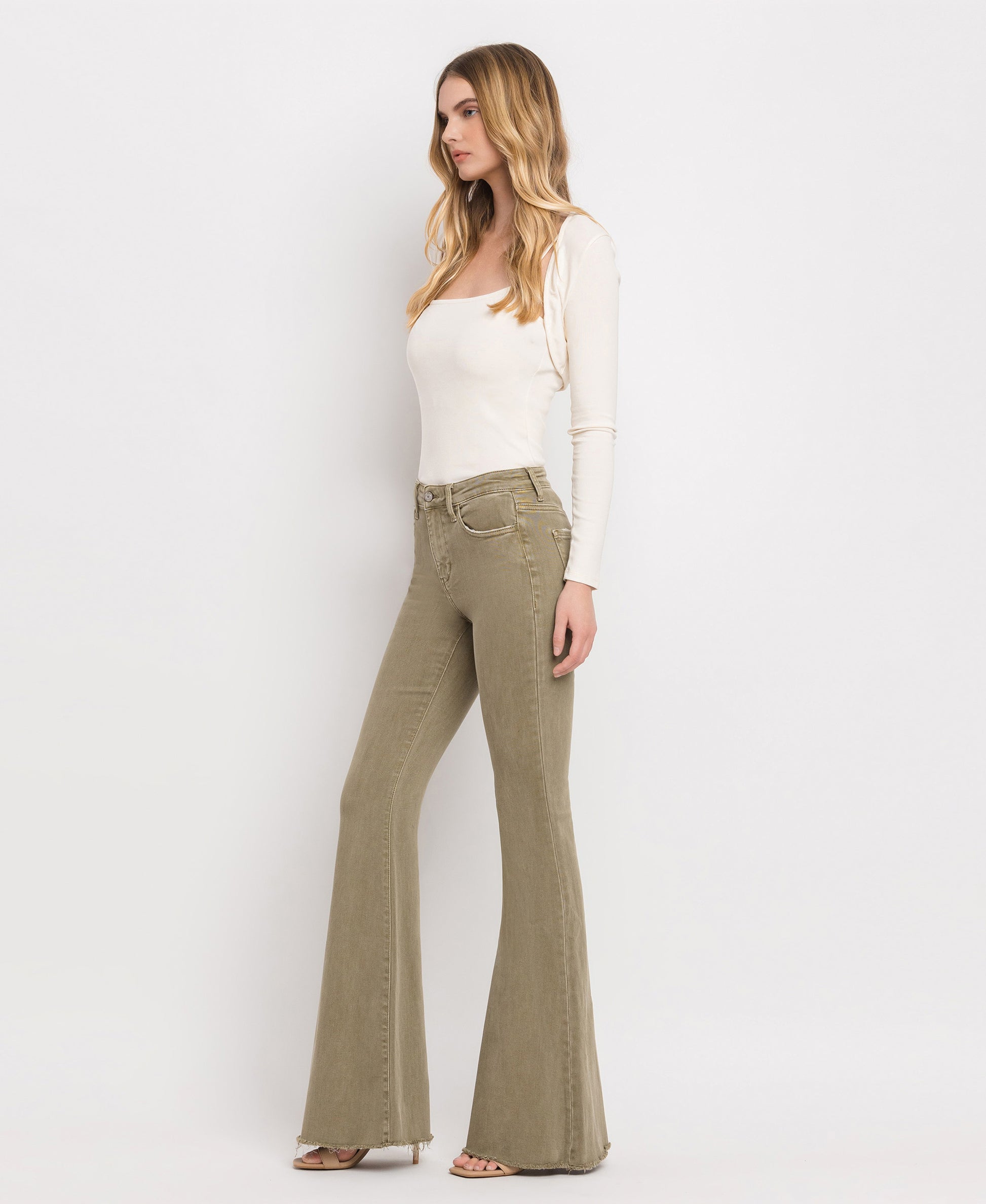 Left 45 degrees product image of Covert Green - High Rise Super Flare Jeans