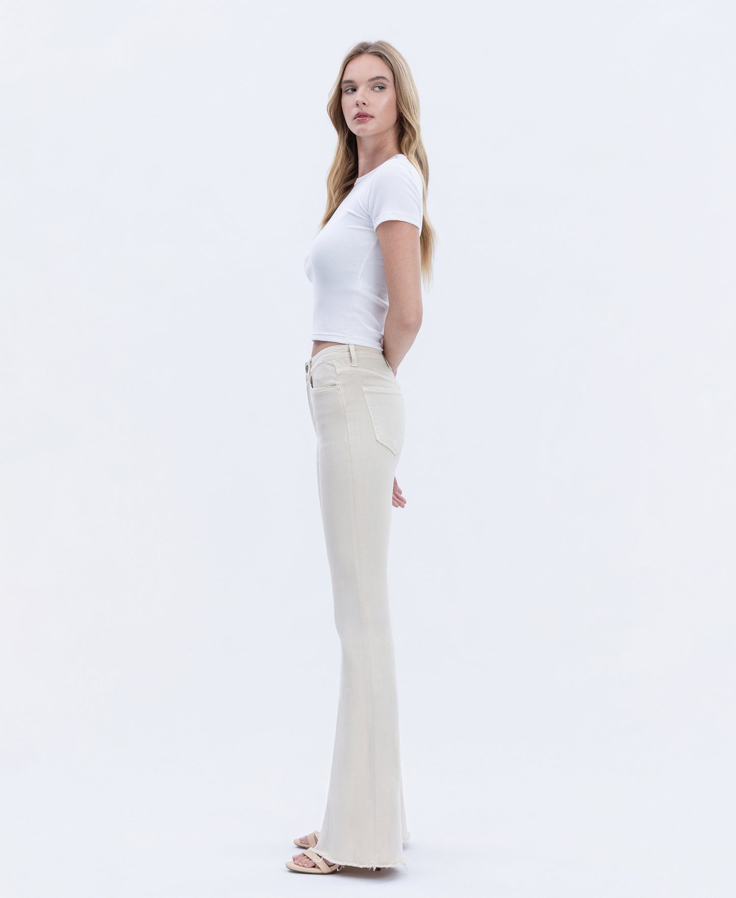 Left 45 degrees product image of Parchment - High Rise Raw Hem Super Flare Jeans