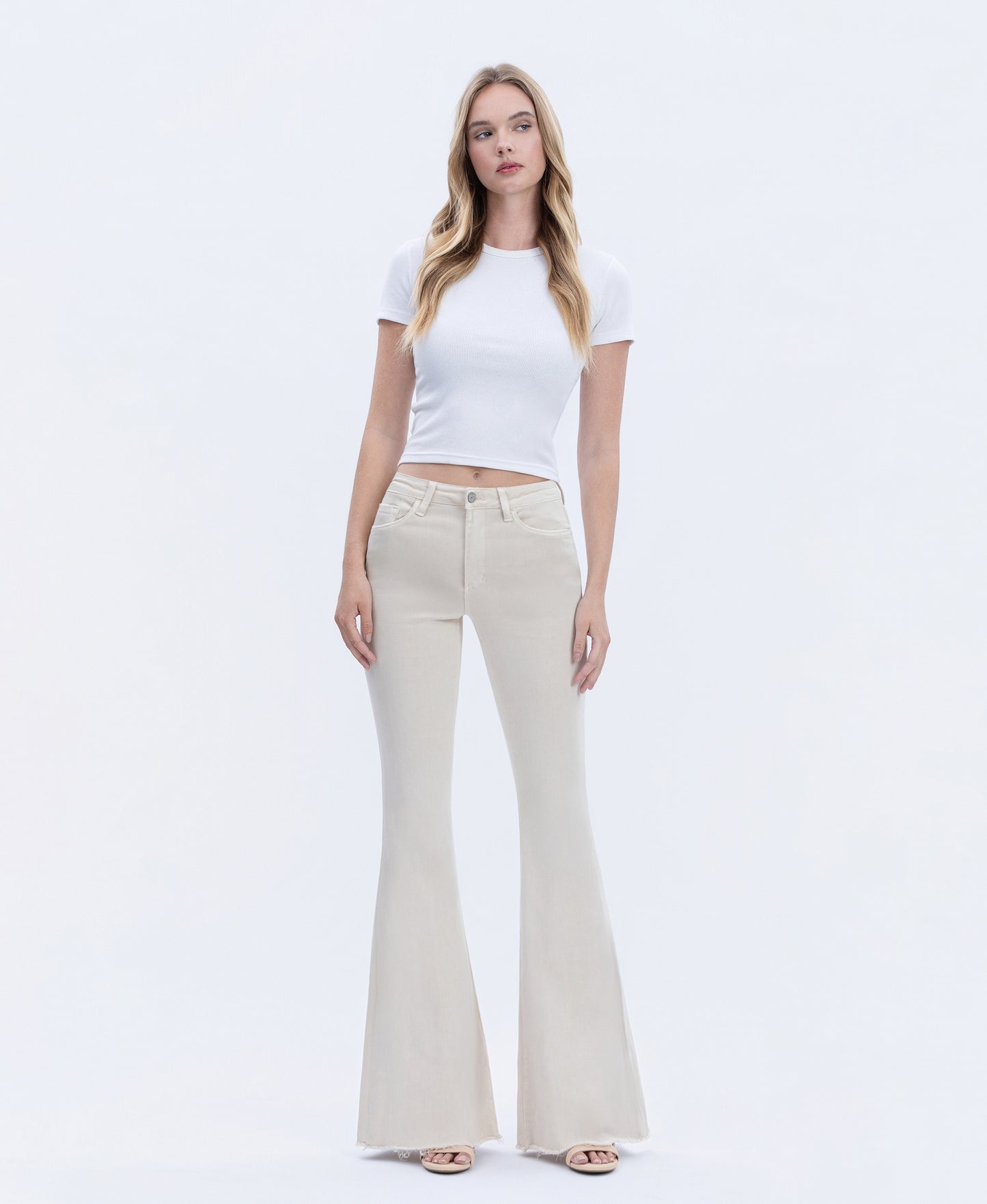Front product images of Parchment - High Rise Raw Hem Super Flare Jeans